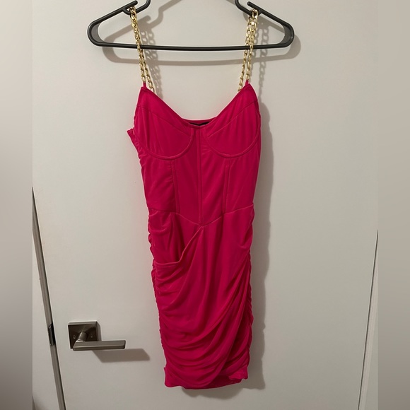 PrettyLittleThing Hot Pink Corset Chain Strap Bodycon Dress - Picture 2 of 5